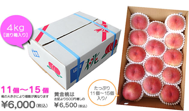 桃4kｇ送り箱入り￥6000（税込）・黄金桃￥6500（税込）