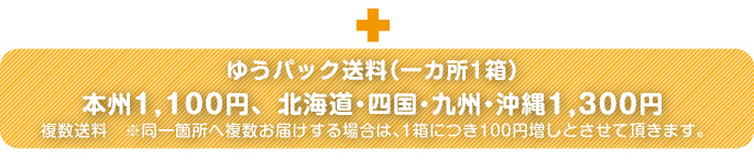 ゆうパック送料（一カ所につき）本州1000円、九州・四国・北海道・沖縄1300円。※複数送料：一カ所に１箱以上送る場合、２箱目から１箱につき100円増しとさせていただきます